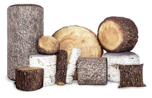Playscapes Woodsmen Naturescape Square Cushion - Large, collection of various wooden tree trunk sections and logs displayed on a white background.