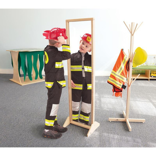 Whitney Brothers Vertical or Horizontal Kids Mirror With Stand, two children dressed as firefighters looking at their reflection in a full-length mirror.