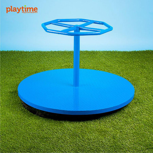 Playtime Playground Equipment Merry Go Round Spinning Ride, a bright blue circular spinning toy with a central pole and a hexagon-shaped safety guard, located on a grassy field under a blue sky.