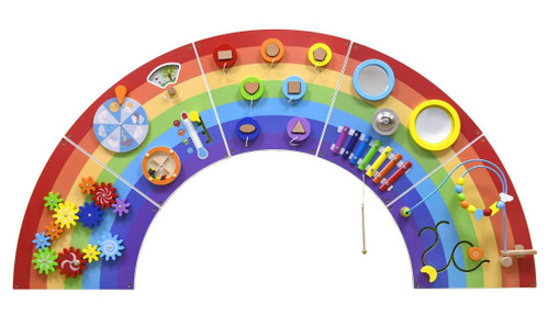 SPARK & WOW Rainbow Activity Wall Panel, colorful educational wall toy with various interactive features for children such as gears, spin wheels, beads, shapes, and a mirror for sensory and motor skill development.