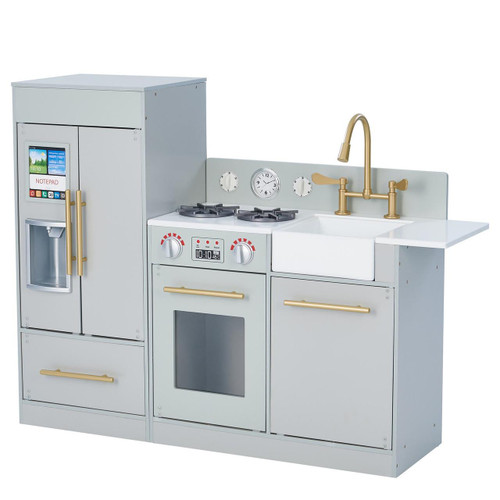 Teamson Kids Little Chef Charlotte Modern Gray Play Kitchen, a children's play kitchen set with gray and gold accents featuring a refrigerator, oven, and sink.