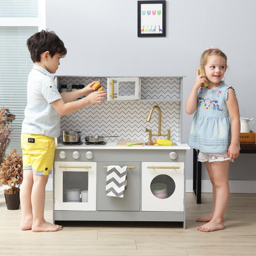 Teamson Kids Little Chef Berlin Gray Play Kitchen with Cookware, children playing and cooking in a pretend kitchen with accessories and utensils.