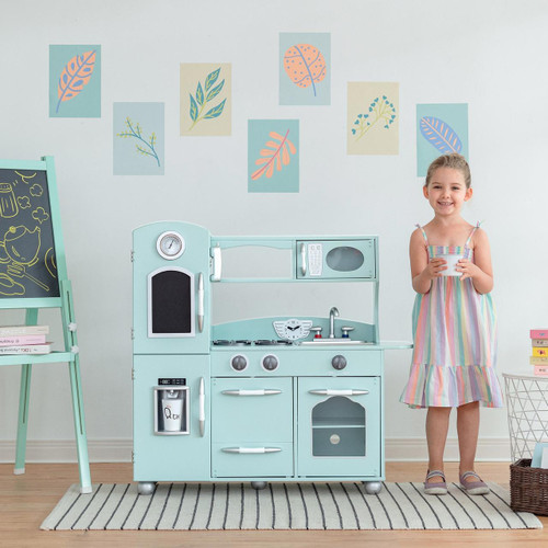 Teamson Kids Little Chef Westchester Mint Retro Play Kitchen, mint-colored children's play kitchen with realistic appliances and accessories.