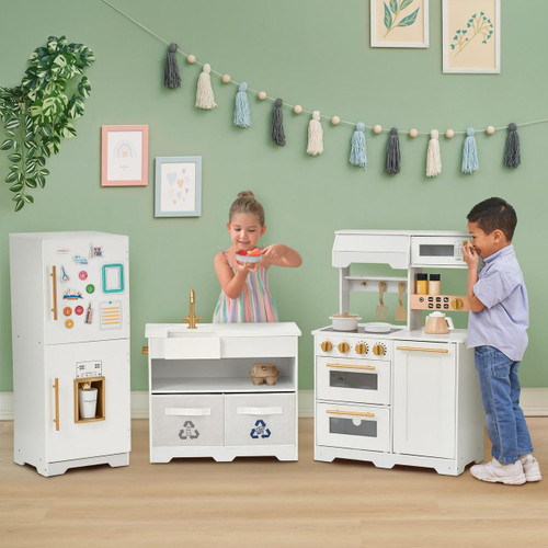 Teamson Kids Little Chef Atlanta Large Modular White Play Kitchen, kids playing with toy kitchen set in a playroom.