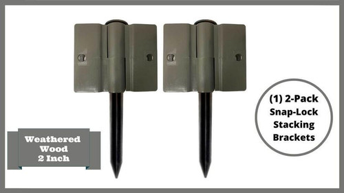 Frame It All Weathered Wood 2 inch Profile Stacking Joint (2 Pack), image shows two gray snap-lock stacking brackets with black stakes for garden or deck construction.