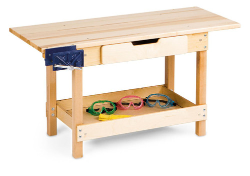 Jonti-Craft Kid's Workbench With Drawer, wooden workbench with a built-in drawer and lower shelf, featuring colorful safety goggles and tools, suitable for children's play and crafts activities.
