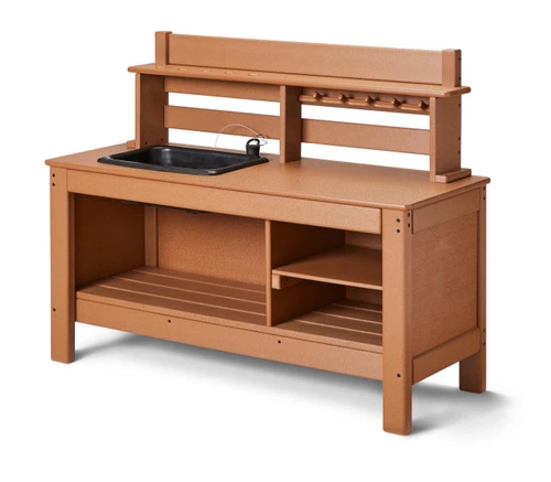 Jonti-Craft EverPlay Mud Kitchen, children's outdoor play kitchen with a black sink, wooden countertop, shelves, and hooks for play and learning outdoor activities.