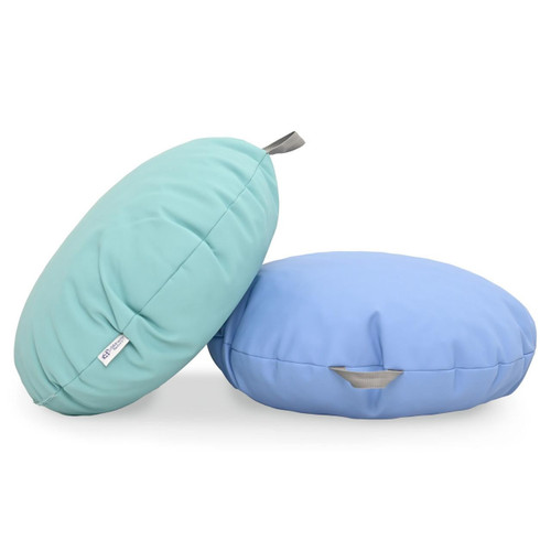 Children's Factory Mini Round Pouf with Handle - Aqua and Sky, two round poufs in aqua and sky blue colors with carrying handles for children's seating and play.
