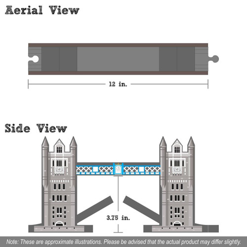 Maple Landmark Tower Wooden Train Bridge, detailed schematic showing top and side views with measurements, ideal for wooden train set accessories.