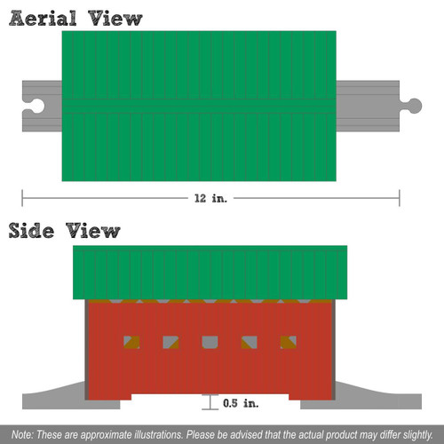 Maple Landmark Arlington Covered Wooden Train Bridge, detailed schematic drawing showing top view measuring 12 inches long and side view with a 0.5 inch base, illustrating the wooden structure and design for children's train sets.