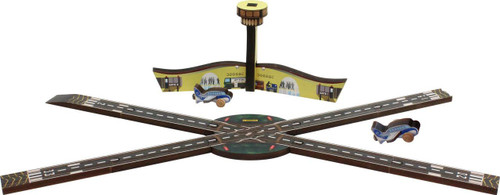 Maple Landmark Airport Wooden Train Set, colorful wooden train accessories and airport-themed train set pieces arranged on tracks for children.