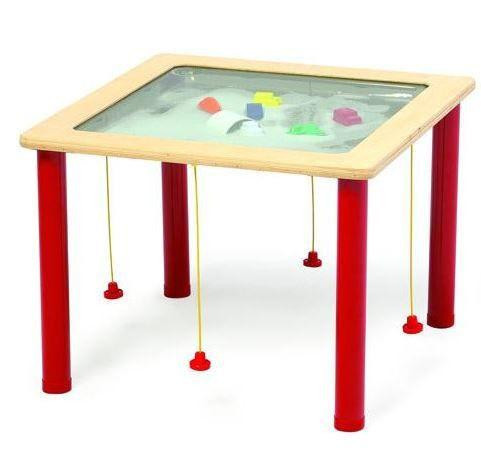 Playscapes Vehicle Venture Activity Sand Magnetic Table, child's educational activity table with a glass top and red legs, featuring sand and magnetic shapes for creative play.