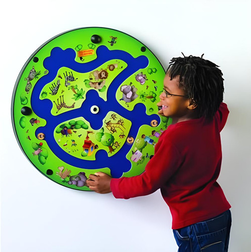 Playscapes Adventure River Maze Wall Toy, interactive game for kids with a colorful river maze and animal illustrations.