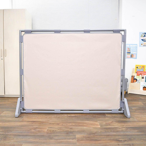 Children's Factory Elements Big Screen Sand PlayPanel, large beige play panel with gray frame, used for children's sand and play activities in daycare or classroom.