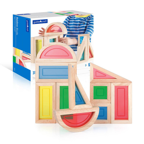 Guidecraft Rainbow Wooden Blocks - 10 pc. set, colorful wooden building blocks for kids, includes various shapes with rainbow-colored transparent accents.