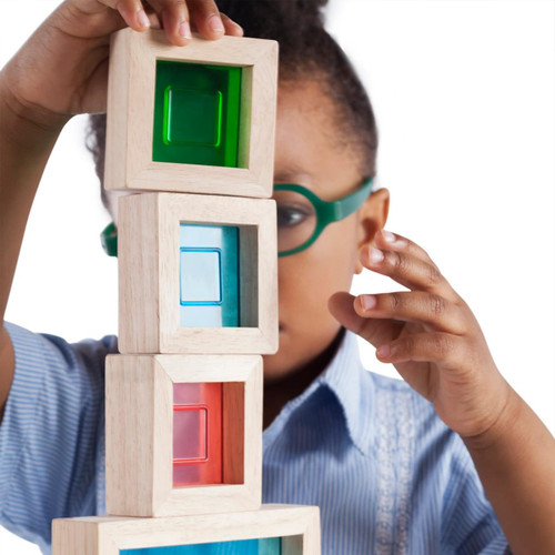 Guidecraft Rainbow Wooden Blocks - 30 pc. set, child stacking colorful wooden blocks with different colored inserts.