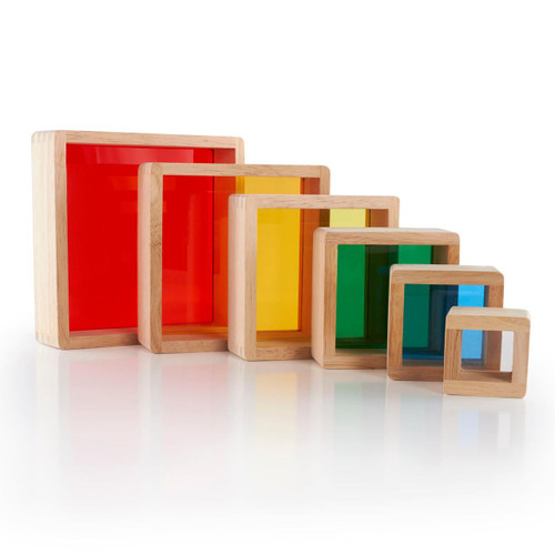 Guidecraft Stacking Rainbow Pyramid Wooden Squares, colorful wooden stacking blocks in red, yellow, green, blue, and clear, arranged from largest to smallest on a white background.