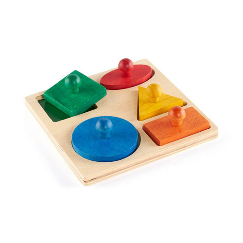 Guidecraft Geo Sorter Manipulative Puzzle, colorful wooden shape sorting game with five different shapes and colors on a natural wooden base.
