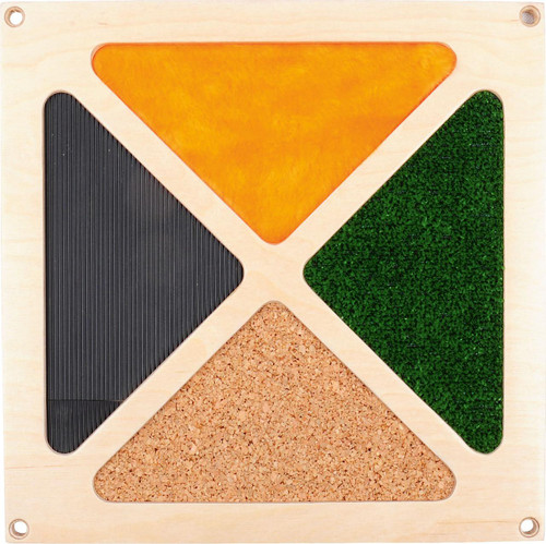 Moje Bambino Texture Fine Motor Skills Wall Panel, educational sensory wall panel for children with various textured sections including orange felt, black ribbed, green artificial grass, and cork for tactile learning.