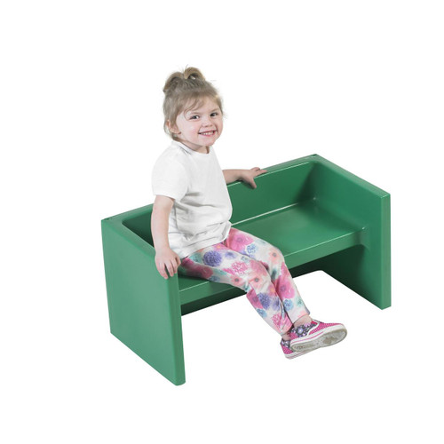 Children's Factory ADAPTA-BENCH - Green, a sturdy green children's bench with a backrest, suitable for outdoor or indoor use in play areas.