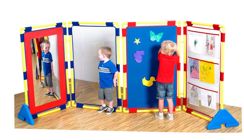 Children's Factory Activity Play Panel Center, colorful multi-panel enclosed play area with mirrors, drawings, and interactive features for kids.