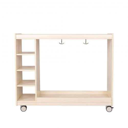 Angeles Mobile Dress Up Storage with Mirrors, Assembled - a white wooden storage unit on wheels with shelves, a mirror, and hooks for organizing dress-up clothes