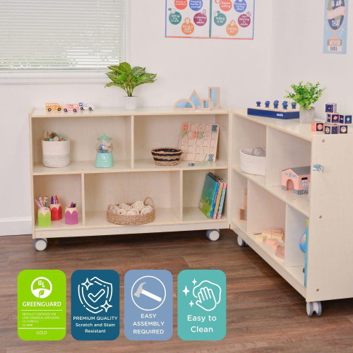 Angeles Mobile 2-Shelf Fold-N-Lock Storage 30H, a light-colored wooden storage unit with two shelves and rolling casters, displayed in a child's room with toys and decorative items.