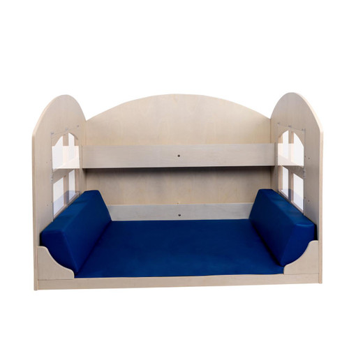 Angeles Reading Nook with Book Shelves, light wood finish, built-in blue cushions for comfortable seating, designed for cozy reading or relaxing in a children's bedroom or play area.