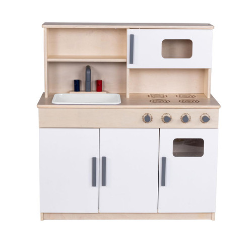 Angeles Combination Play Kitchen - RTA, wooden toy play kitchen with white cabinets, a sink, stovetop with knobs, and oven with glass window.