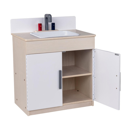 Angeles White Play Sink - RTA, children's play kitchen sink with a white basin, wooden countertop, and open storage cabinet with white doors