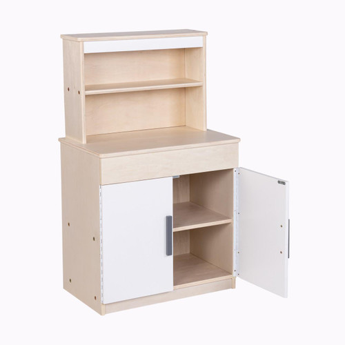 Angeles White Play Hutch - RTA, light-colored wooden play storage unit with open shelves and white cabinet doors.