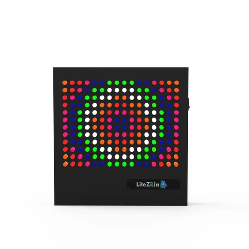 LiteZilla Giant Lite Brite - 32 x 32 inches, a large black panel with multicolored LED pegs arranged in patterns to create lighted designs.