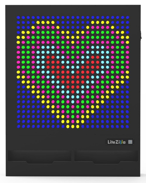 LiteZilla Giant Lite Brite 4' x 5' Light Wall, illuminated colorful light wall with a pixel art heart design in various colors.