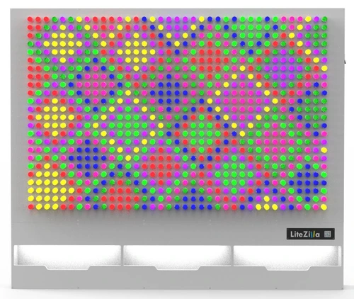 LiteZilla Giant Lite Brite 6' x 5' Light Wall, colorful illuminated mosaic with various light colors and patterns.
