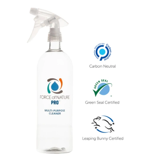 LiteZilla Cleaning and Disinfecting System for Giant Lite Brites, clear spray bottle of multi-purpose cleaner with certification icons for carbon neutrality, Green Seal, and Leaping Bunny.