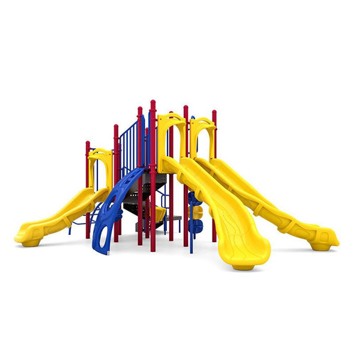 World Klass Play Twin Falls Commercial Playground Structure, colorful playground with multiple yellow slides, red and blue supporting beams, perfect for kids' outdoor play and recreation.