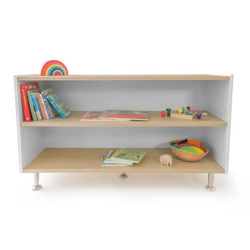 Whitney Brothers elevatED™ Adjustable Shelf Cabinet 27"H, white and wood children's storage cabinet with adjustable shelves and toys and books inside, suitable for preschool or classroom use.