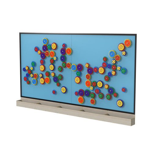 LiteZilla MagWiz Magnetic Sensory Gears STEM Wall Activity - 10x5, colorful magnetic gears arranged on a blue wall.