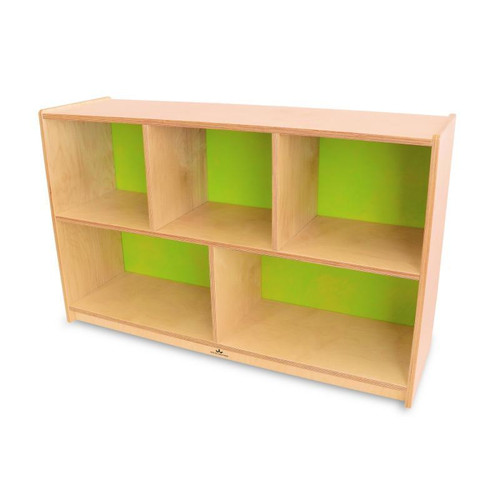 Whitney Brothers Whitney Plus Bookshelf Storage Cabinet - Electric Lime, wooden storage unit with multiple open cubbies for organization, with bright green back panels for vibrant storage display.