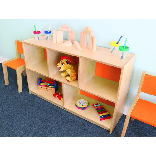 Whitney Brothers Whitney Plus Bookshelf Storage Cabinet - Pumpkin Spice, wooden storage unit with open shelves, decorated with children's toys and building blocks, in a colorful classroom setting.