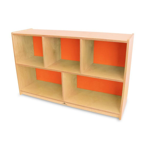 Whitney Brothers Whitney Plus Bookshelf Storage Cabinet - Pumpkin Spice, wooden bookshelf with six compartments and orange back panels.