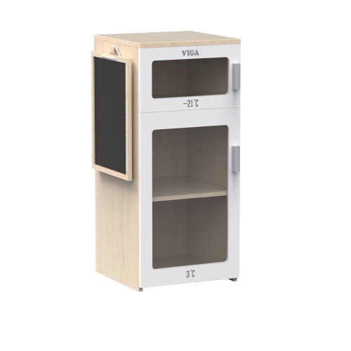 Moje Bambino Mini Market Play Fridge, toy mini refrigerator with glass doors and a chalkboard on the side, designed for children's pretend play.