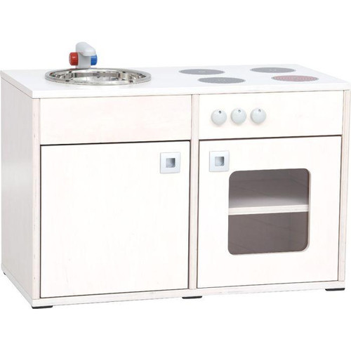 Moje Bambino Bianca Kitchen Cabinet with Stove and Sink, children's play kitchen with realistic stove burners, sink with tap, and storage cabinet.