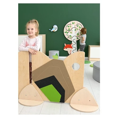 Moje Bambino Flora Sensory Play Panel Partition #4, child-friendly bookstore or play area with a sensory play panel and decorative tree and animal wall art.