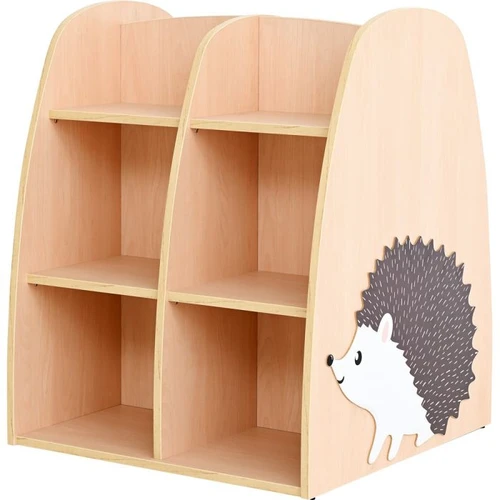 Moje Bambino Double Sided Hedgehog Bookcase, wooden children's storage unit with multiple shelves and a cute hedgehog illustration on the side.