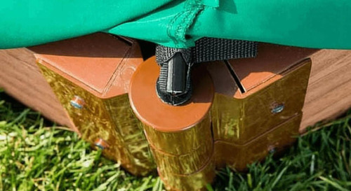 Frame It All Sandbox Tarp Cover - Hexagon, protective cover draped over a wooden sandbox frame on grass.