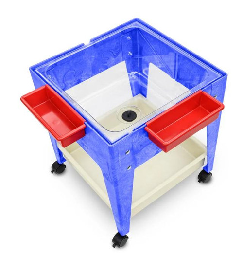 Childbrite Youth Clear-View Mobile Mite Sand & Water Table, transparent blue plastic child-friendly water and sand play table with red storage bins, caster wheels, and a lower shelf for accessories.