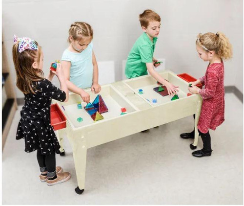 Childbrite Youth Double Mite Sand & Water Table, children playing and exploring with sand and water toys in a classroom or playroom setting.