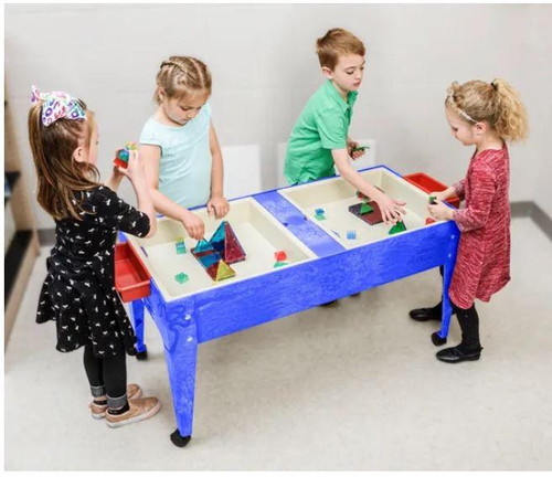 Childbrite Youth Double Mite Sand & Water Table, children playing with sand and water toys in a fun, educational kids' play table.