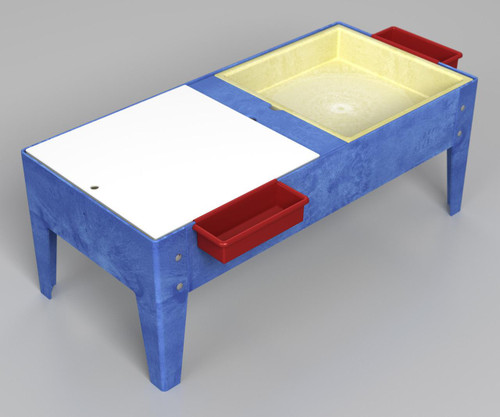 Childbrite Toddler Double Mite Sand & Water Table, blue with a yellow sand pit, white cover, and red storage bins for water and sand.